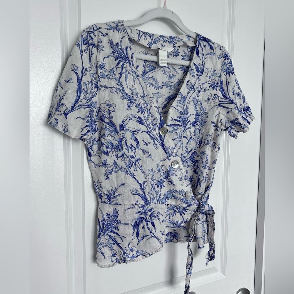 Linen Blend H&M  Wrap Blouse Blue White Floral Cottagecore Coastal Top Small